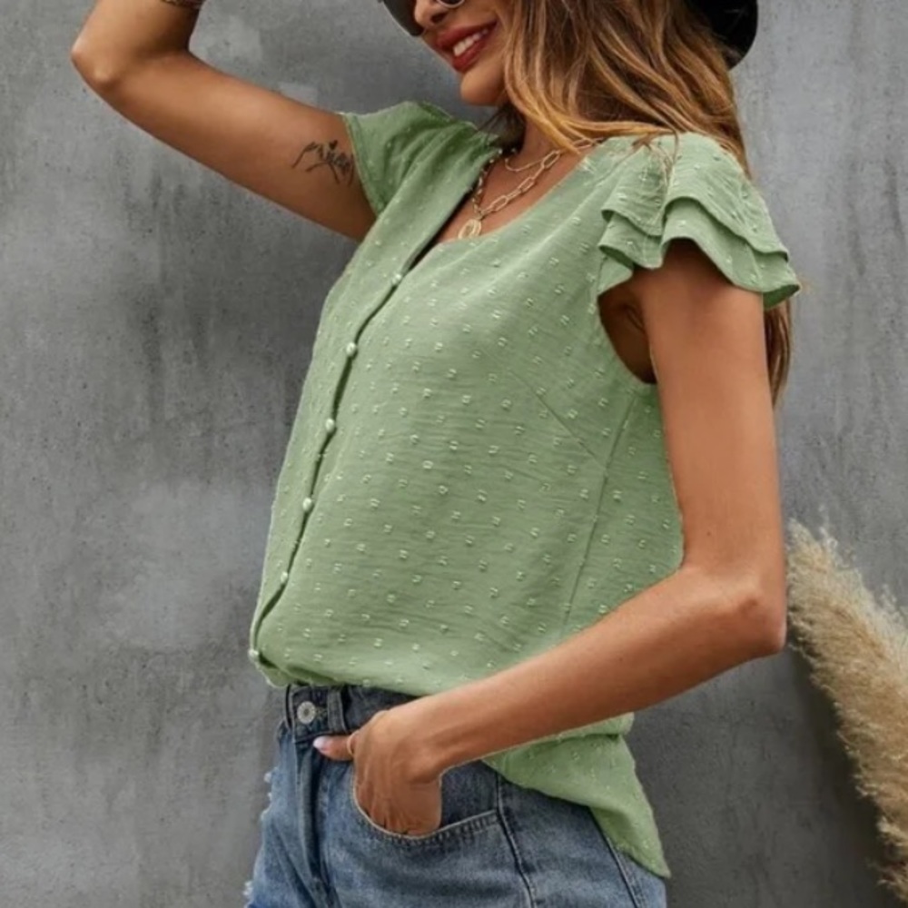 Boho Mint Green Swiss Dot Butterfly Sleeve Top - Picture 3 of 9